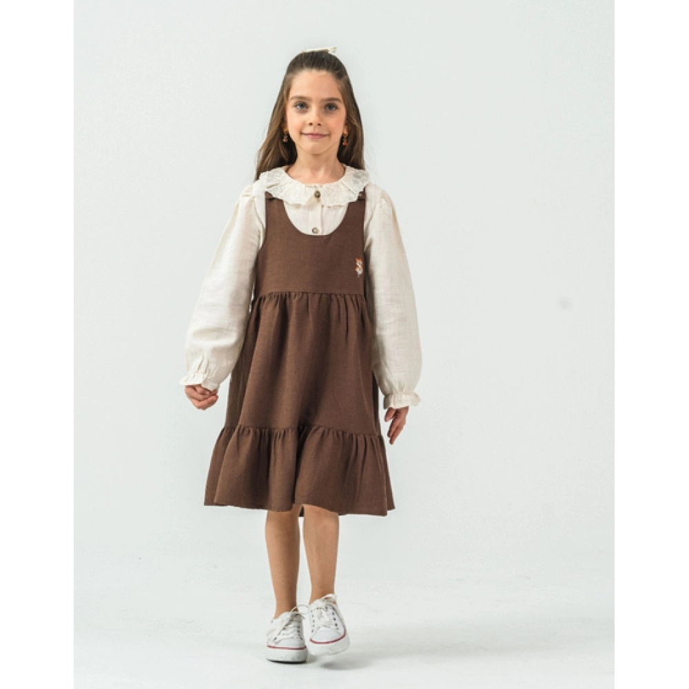 KIZ BEBE GÖMLEK DETAYLI KAHVERENGİ ELBİSE
