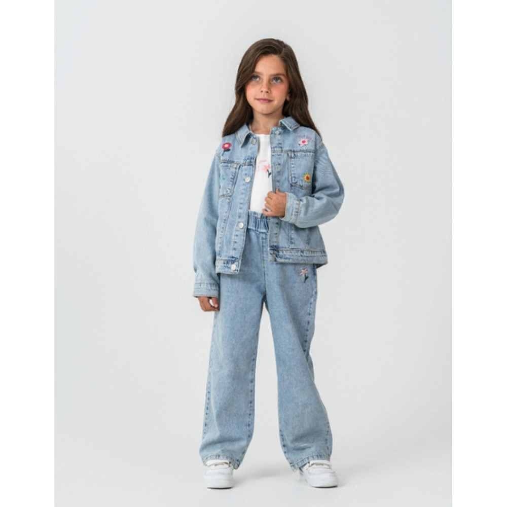 KIZ BEBE NAKIŞ DETAYLI DENİM CEKET 3'LÜ TAKIM