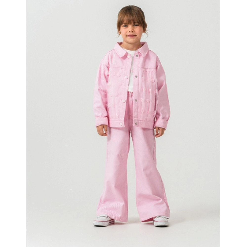 KIZ BEBE NAKIŞ DETAYLI PEMBE DENİM CEKET 3'LÜ TAKIM