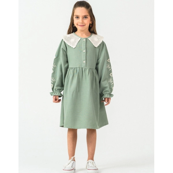 KIZ ÇOCUK YEŞİL KOL NAKIŞLI ELBİSE 