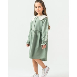 KIZ ÇOCUK YEŞİL KOL NAKIŞLI ELBİSE 