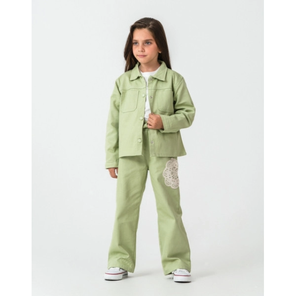 KIZ ÇOCUK NAKIŞ DETAYLI YEŞİL CEKET 3'LÜ TAKIM