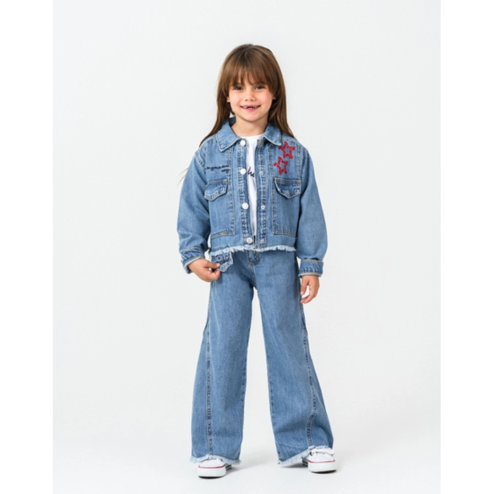 KIZ ÇOCUK MAVİ NAKIŞ DETAYLI 3'LÜ TAKIM