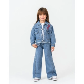 KIZ ÇOCUK MAVİ NAKIŞ DETAYLI 3'LÜ TAKIM