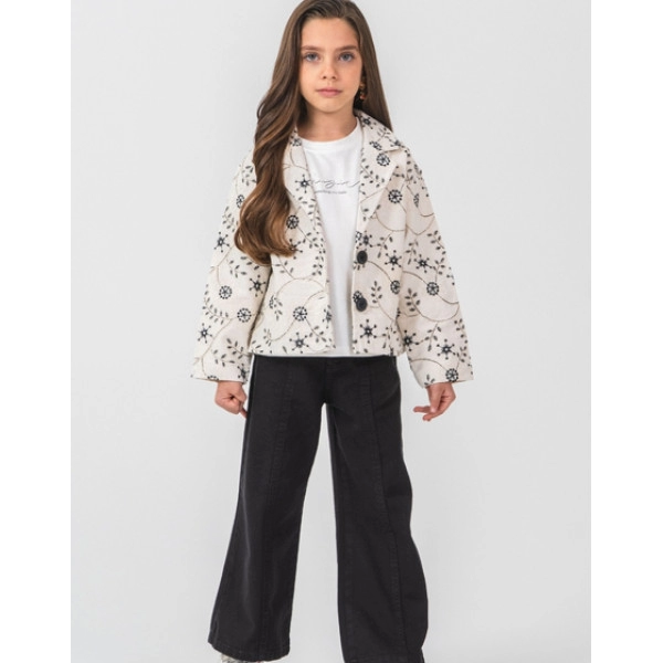 KIZ ÇOCUK DESENLİ CEKET BOL PAÇA PANTOLON 3'LÜ TAKIM