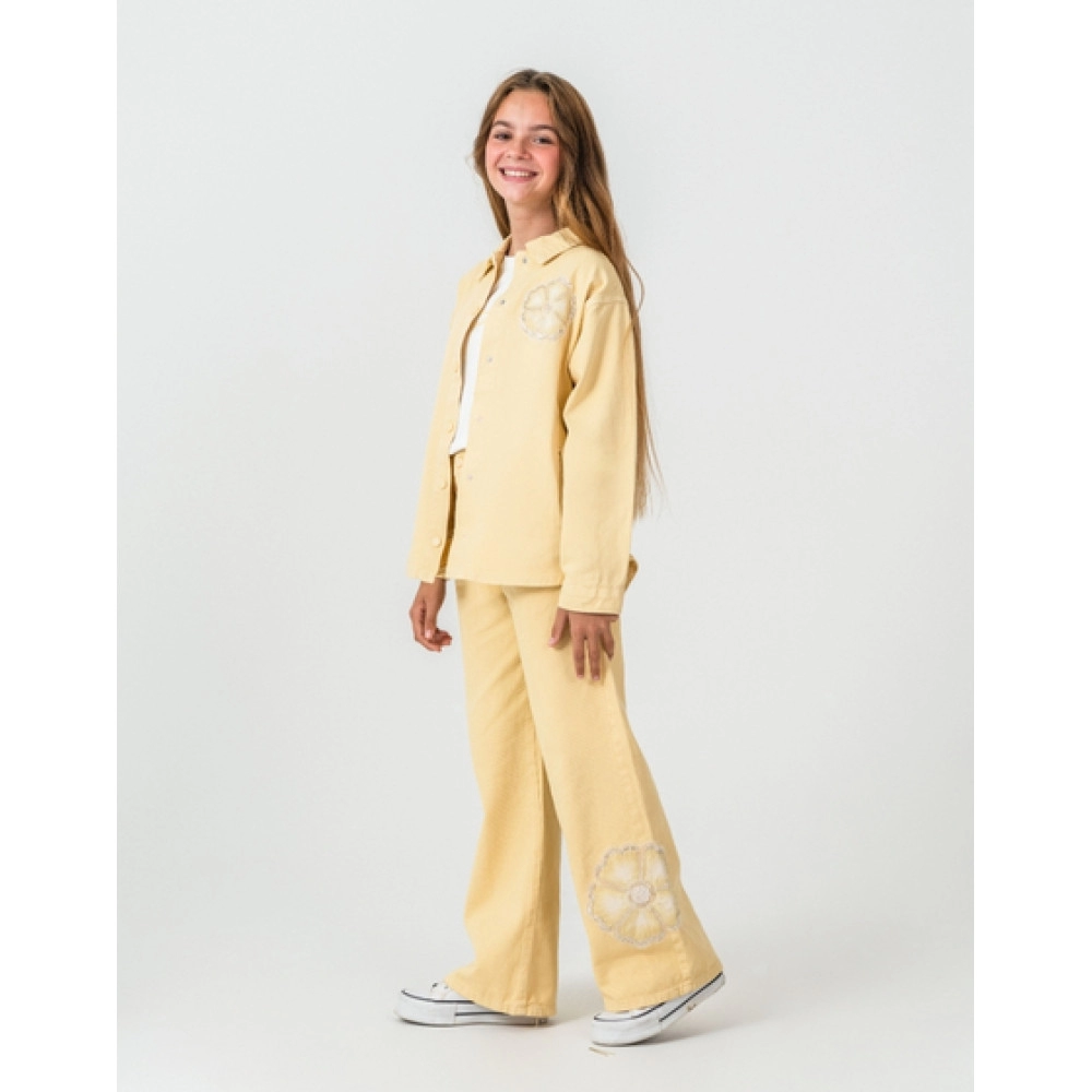 KIZ ÇOCUK NAKIŞ DETAYLI SARI GÖMLEK VE PANTOLON 3'LÜ TAKIM