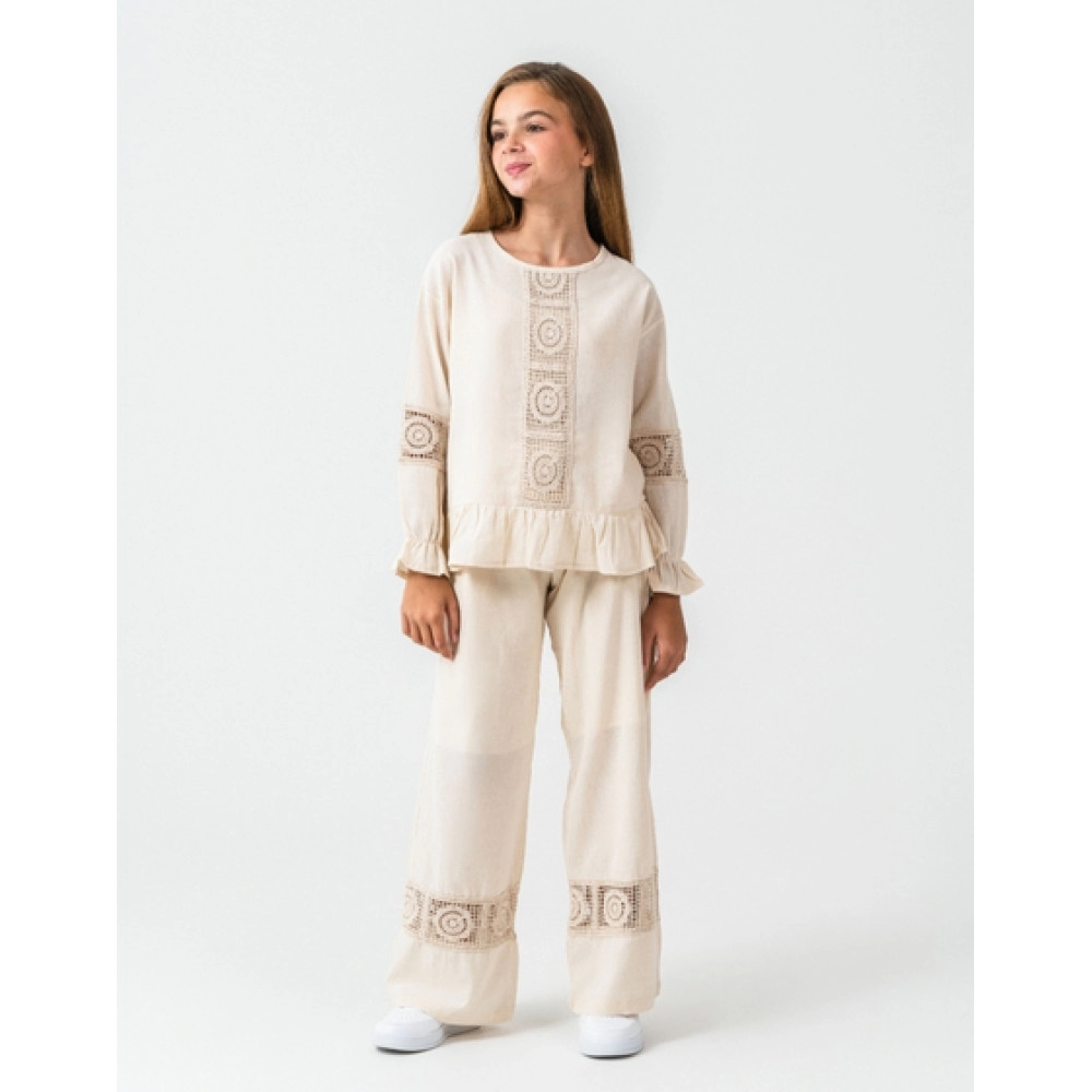 KIZ ÇOCUK DANTEL DETAYLI KREM 3'LÜ TAKIM