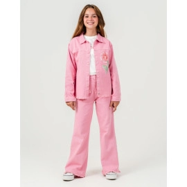 KIZ ÇOCUK NAKIŞ DETAYLI PEMBE DENİM CEKET 3'LÜ TAKIM