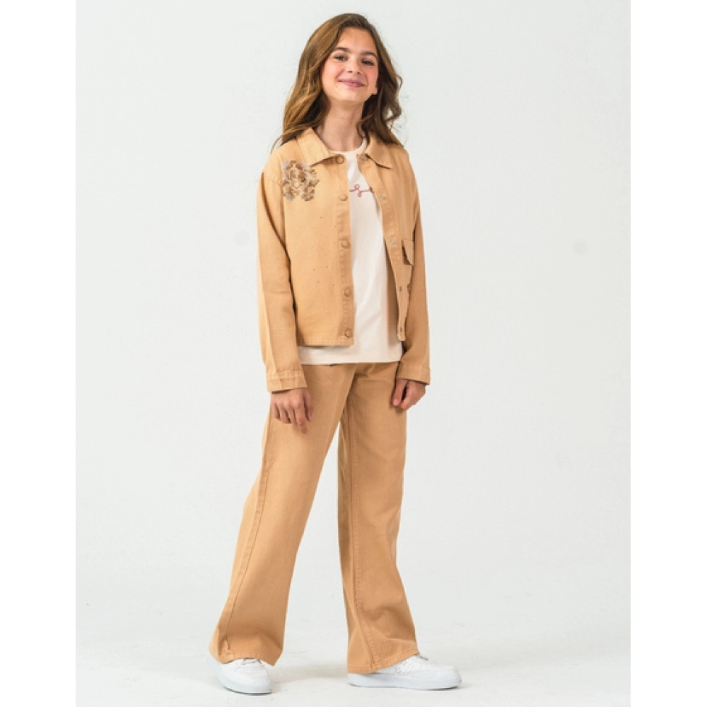 KIZ ÇOCUK NAKIŞ DETAYLI CAMEL 3'LÜ TAKIM