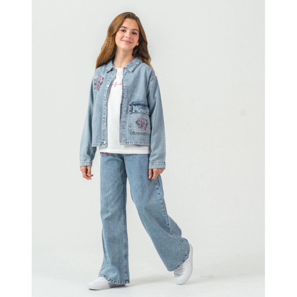 KIZ ÇOCUK NAKIŞ DETAYLI DENİM CEKET 3'LÜ TAKIM